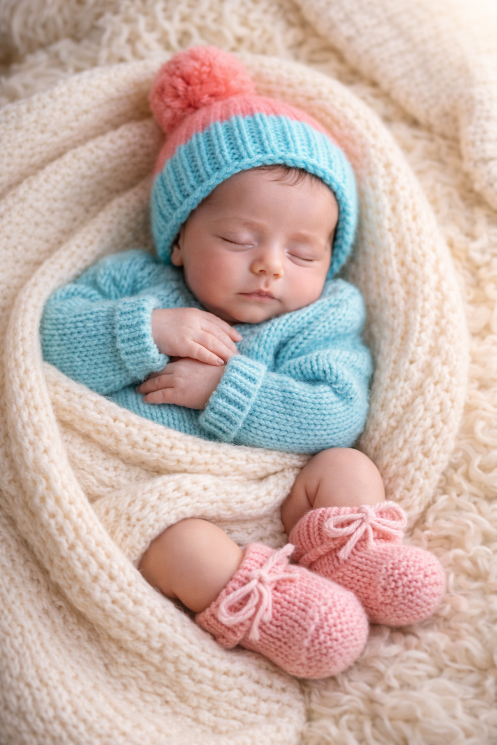 Baby wearing handknit woolly wonders beanie and booties